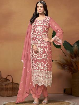 Peach embroidery organza salwar kameez 1