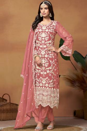 Peach embroidery organza salwar kameez