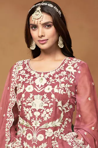 Peach embroidery organza salwar kameez