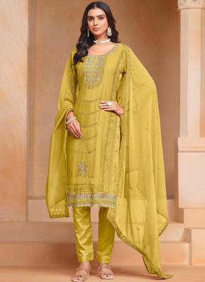Mustard embroidery organza salwar kameez 1