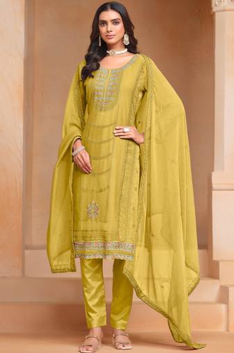 Mustard embroidery organza salwar kameez