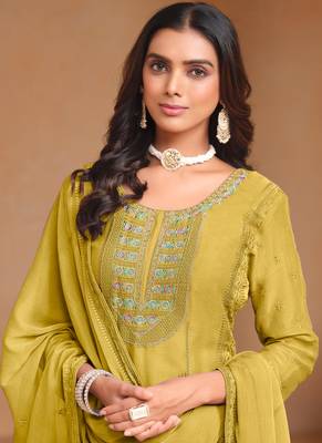 Mustard embroidery organza salwar kameez 2