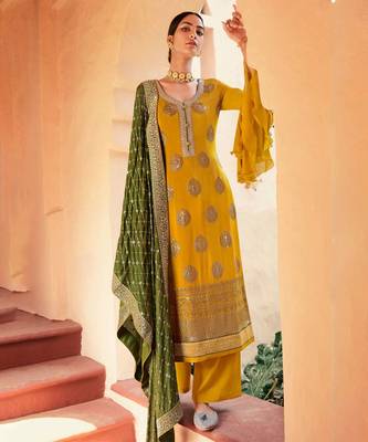 Mustard Embroidered Faux Georgette Salwar Free size full stitched Up To 42" Size 1