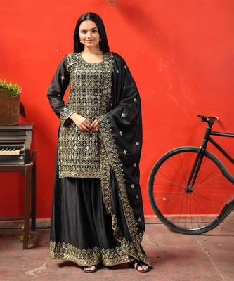 BLACK CHINON PARTY WEAR EMBROIDERY SUIT SET  1