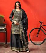 BLACK CHINON PARTY WEAR EMBROIDERY SUIT SET 