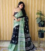 Black Soft Linen Cotton Digital Print Sarees 