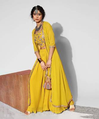 Trendmalls Yellow Faux Georgette Embroidered Party Wear Salwar Suits with Palazzo 1