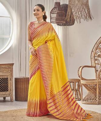 yellow banarasi soft silk blend woven saree with heavy jacquard work and blouse piece 1
