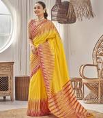 yellow banarasi soft silk blend woven saree with heavy jacquard work and blouse piece