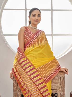 yellow banarasi soft silk blend woven saree with heavy jacquard work and blouse piece 4