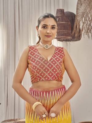 yellow banarasi soft silk blend woven saree with heavy jacquard work and blouse piece 5