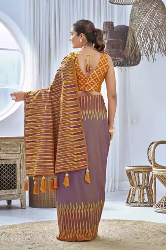 purple banarasi soft silk blend woven saree with heavy jacquard work and blouse piece