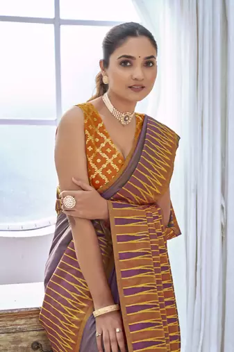 purple banarasi soft silk blend woven saree with heavy jacquard work and blouse piece