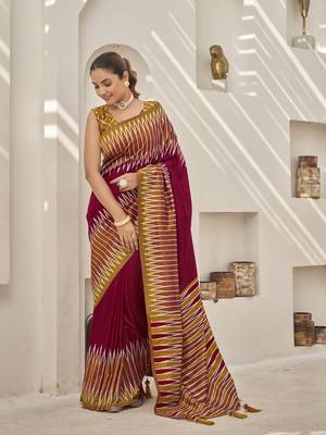 maroon banarasi soft silk blend woven saree with heavy jacquard work and blouse piece 1