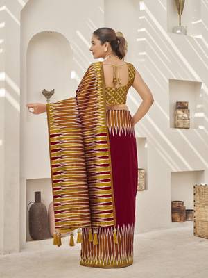 maroon banarasi soft silk blend woven saree with heavy jacquard work and blouse piece 3