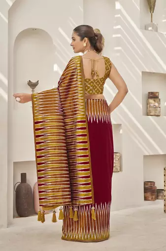 maroon banarasi soft silk blend woven saree with heavy jacquard work and blouse piece
