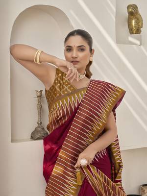 maroon banarasi soft silk blend woven saree with heavy jacquard work and blouse piece 4