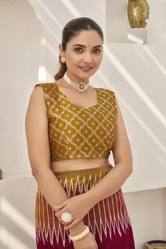 maroon banarasi soft silk blend woven saree with heavy jacquard work and blouse piece