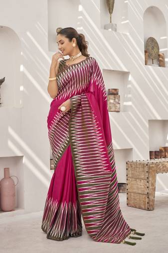 pink banarasi soft silk blend woven saree with heavy jacquard work and blouse piece