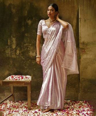 Blush Pink Handloom Tissue Saree Without Blouse 1