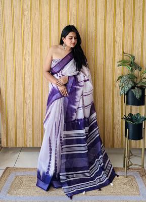 White Soft Linen Cotton Digital Print Sarees  1