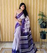 White Soft Linen Cotton Digital Print Sarees 