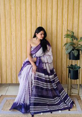 White Soft Linen Cotton Digital Print Sarees  2