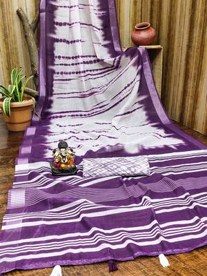 White Soft Linen Cotton Digital Print Sarees  3