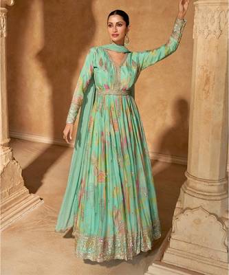 Teal embroidered chinon anarkali suit 1