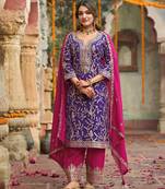 Purple Embroidered Chinon Punjabi Salwar Suit (Free Size)