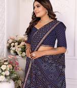 Navy Blue Patola And Bandhej Pattern Soft Cotton Light Weight Saree 