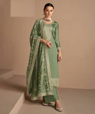 Olive green blend embroidery semi stitched suits 1