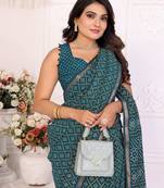 Teal Patola And Bandhej Pattern Soft Cotton Light Weight Saree 