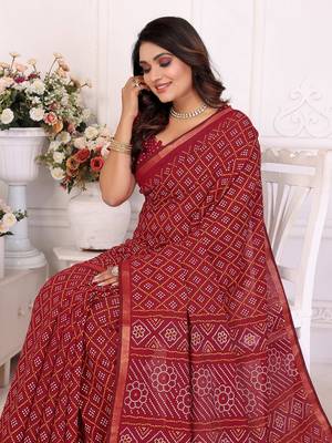 Dark Maroon Patola And Bandhej Pattern Soft Cotton Light Weight Saree  1