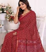 Dark Maroon Patola And Bandhej Pattern Soft Cotton Light Weight Saree 