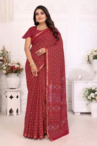 Dark Maroon Patola And Bandhej Pattern Soft Cotton Light Weight Saree 