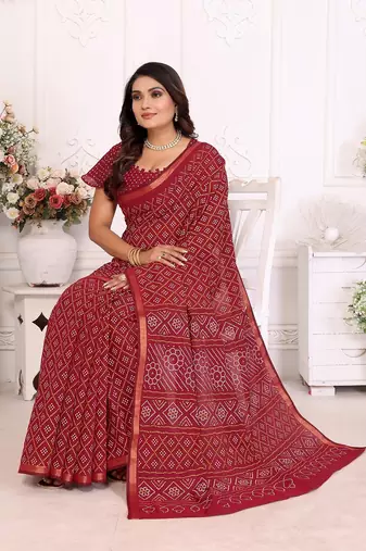 Dark Maroon Patola And Bandhej Pattern Soft Cotton Light Weight Saree 