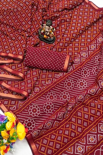 Dark Maroon Patola And Bandhej Pattern Soft Cotton Light Weight Saree 