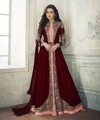 Maroon Embroidered Georgette Salwar With Dupatta Semi Stitched 1