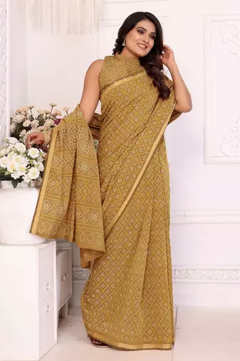 Mustard Patola And Bandhej Pattern Soft Cotton Light Weight Saree 