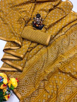 Mustard Patola And Bandhej Pattern Soft Cotton Light Weight Saree  5