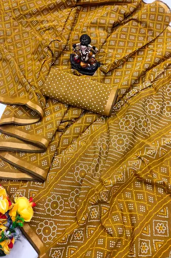 Mustard Patola And Bandhej Pattern Soft Cotton Light Weight Saree 