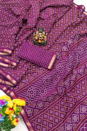 Purple Patola And Bandhej Pattern Soft Cotton Light Weight Saree 