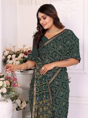 Dark Green Patola And Bandhej Pattern Soft Cotton Light Weight Saree  1