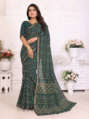 Dark Green Patola And Bandhej Pattern Soft Cotton Light Weight Saree  2