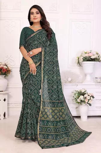 Dark Green Patola And Bandhej Pattern Soft Cotton Light Weight Saree 