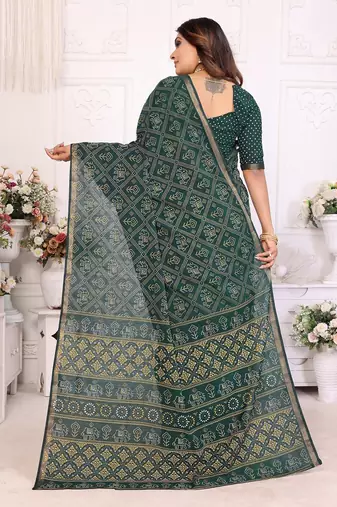 Dark Green Patola And Bandhej Pattern Soft Cotton Light Weight Saree 