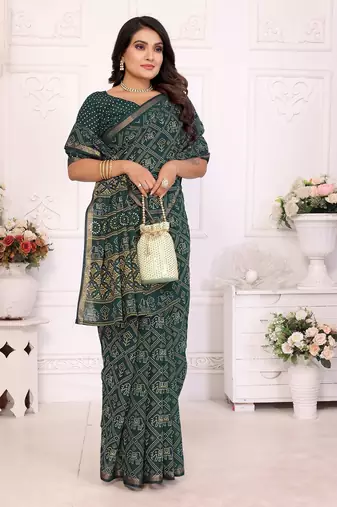 Dark Green Patola And Bandhej Pattern Soft Cotton Light Weight Saree 