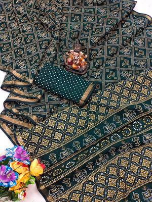 Dark Green Patola And Bandhej Pattern Soft Cotton Light Weight Saree  5