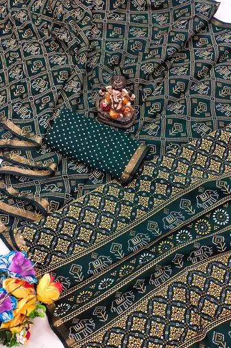 Dark Green Patola And Bandhej Pattern Soft Cotton Light Weight Saree 